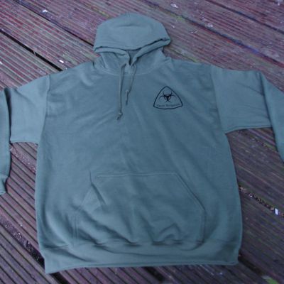 Merchandise TB Hoodie: plain front, black on military green - Front
